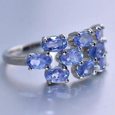Natural Unheated Oval Tanzanite Sterling Silver Cluster Ring
