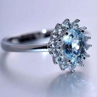 Oval Aquamarine Sterling Silver Halo Ring