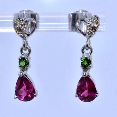 Natural Unheated Pear Rhodolite Garnet, Chrome Diopside & Sapphire Sterling Silver Earrings