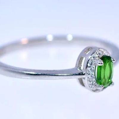 Natural Unheated Oval Chrome Diopside Sterling Silver Halo Ring