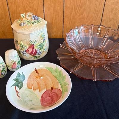 Vintage Hand Painted Ceramic Tilso Cookie Jar, Sale & Pepper Shaker, Hankook 8 1/2 Bowl, Punch Bowl