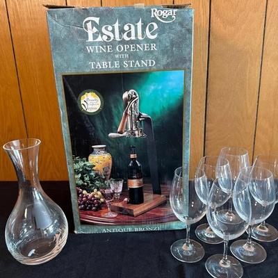 Brand New Roger Estate Wine Opener w/Table Stand, 6 Wine Glasses and Decanter