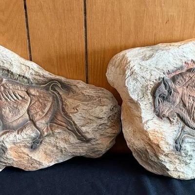 2 Vintage Hagen-Renaker Fine Ceramic Wall Plaques Ft. Bison Design