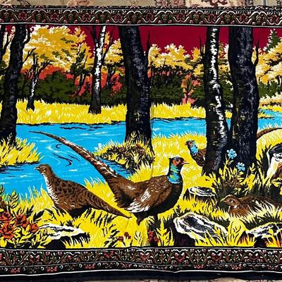 Vintage 1960s/70s Machine-Woven Velvet Wall Tapestry Depicting Pheasants