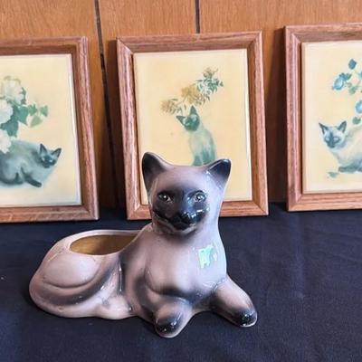  (4) Vintage Siamese Cat Framed Tile Art And  Ceramic Figure