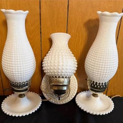 Set of Vintage White Hobnail Milk Glass Electric Hurricane Table Lamps & Wall Sconce