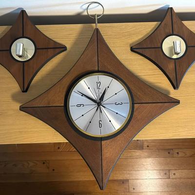 Vintage Mid-Century Modern Elgin Starburst Wall Clock w/Matching Candle Sconces