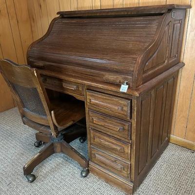 Vintage Oak Creek by Riverside Roll-Top Desk w/Matching Cane-Back Swivel Desk Chair