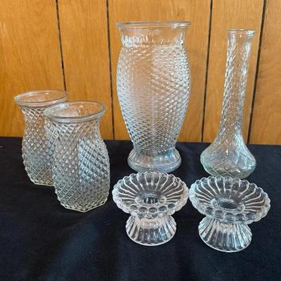 Lot of 6 Vintage Diamond Point Clear Glass Vases & Candle Holder