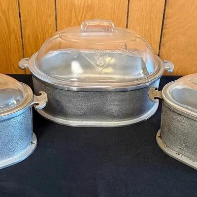 Lot of 3 Vintage Guardian Service Hammered Aluminum Roaster Pans w/Glass Lids 