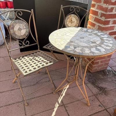 Bistro Set - Table + 2 Chairs, Mosaic Stone & Wrought Iron