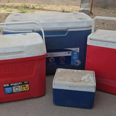 (4) Coolers - Various Sizes, Store & Transport Cold Beverages
