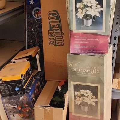 Christmas Mystery Lot - 2 48" Magical Fiber Optic Trees, Poinsettia Fiber Optic Arrangement, Spheres