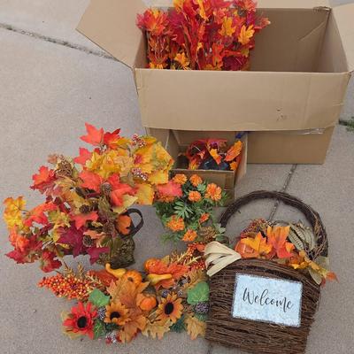 Autumn Fall Leaves & Decor - Red, Yellow, Orange Faux w/ Welcome Tin Bucket