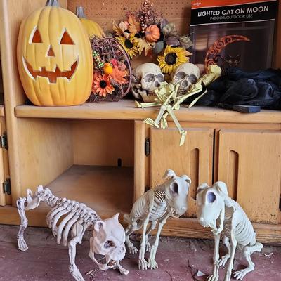 Halloween Decor - Cat & Dogs Skeletons, Light Up Cat On Moon, Light Up Large Pumpkins, Lit Wreath