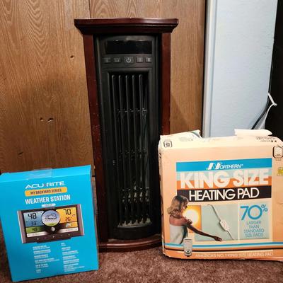 Tall Wood Case Space Heater, NEW Accurite Weather Station, King Size Heating Pad