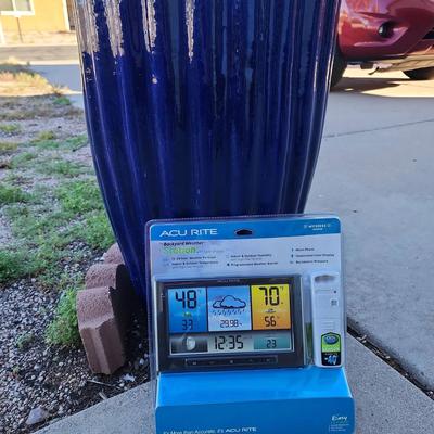 Beautiful Blue 24" Tall Planter & NEW Accurite Backyard Weather Station In Pkg