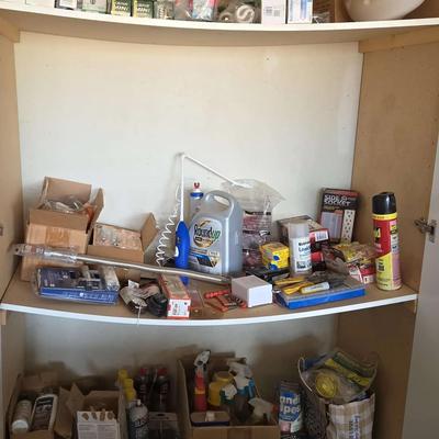 Large Storage Shelf With Light Bulbs, Tools, Cleaning Supplies And More