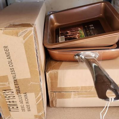 All NEW - 3 Copper Non-stick Frying Pans, Copper Chef 9.5" Fry Pan, Casserole Dish, Colander 