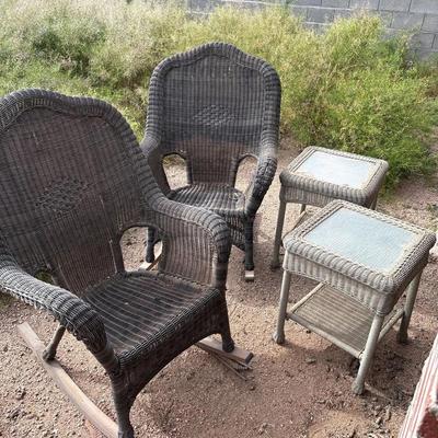 Wicker Patio Furniture - 2 Rocker Chairs + 2 17” Square Tables With Tempered Glass Insert 