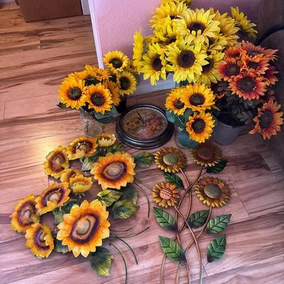 Sunflowers! Faux Sunflower Flowers In Vases And Pots. Metal Sunflower Wall Decor. Wall Clock.