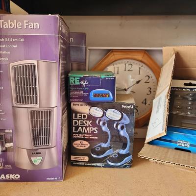 All NEW Home Office Necessities - 2 14" Osc Table Fans, Alarm & Wall Clocks, Calculators, Desk Lamp