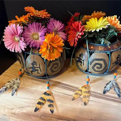 2 Southwestern Kokopelli Metal Baskets With Hanging Feathers