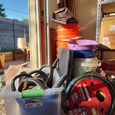 Home Maintenance - 2 NEW Husky 50 Ft Garden Hoses, 2 NEW Watering Cans, Many 5 Gal Buckets, Tarps
