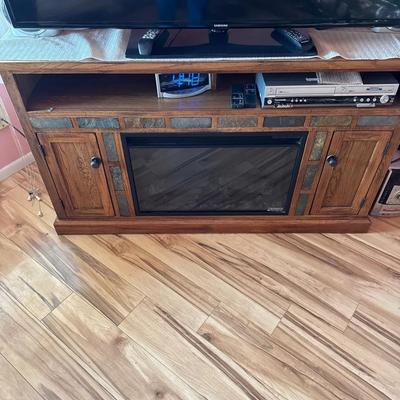 Works! Light Wood Fireplace TV Stand Cabinet w/ Tile Inserts.