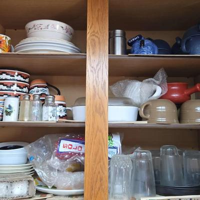 Shelves of Kitchen Dishes - White & Southwest Bowls, Plates, Soup Bowls, Glassware, S&P, Casserole