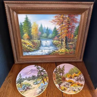 Landscape Painting In Wood Frame & 2 Painted Oval Wall Art - Forest, Fall Leaves, Waterfall