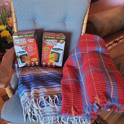 Cozy Corner - Light Blue Wood Rocking Chair, 2 Blankets, 2 NIB Handy Heaters