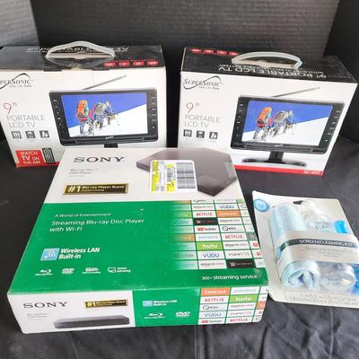 NEW (2) 9" Portable LCD TV & Sony Blu-ray DVD Player, Screen Cleaning Kit