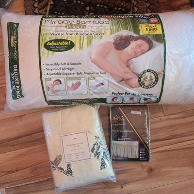 LL Bean Twin Cotton Flannel Sheets, Twin Bed Skirt & Bamboo Pillow - Beige, Pine Cone Winter Pattern