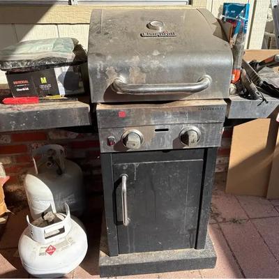 BBQ Char-Broil Grill w/ Propane Tanks, Blackstone Spatulas, Covers, Wire Brushes, Skewers, Cleaner