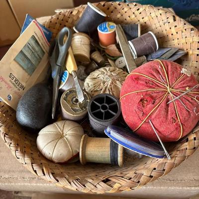 Sewing Essentials - 11” Woven Basket With Needles, Thread, Thimbles, Pin Cushions, Scissors