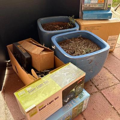 Garden Supplies - 2 Pretty Blue Ceramic Planters, Solar Light Sets, NEW Weather Stations