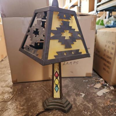 2 Aztec Lamps, Metal Base & Metal Design Shade, Approx 16" Tall