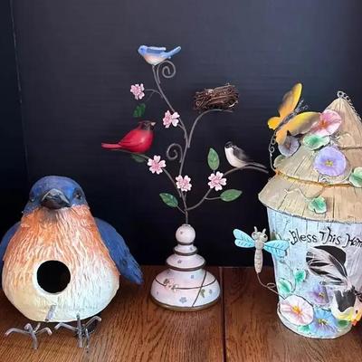 Cute! 3 Birdhouses - Blue Bird Robin Birdhouse & House Style Feeder - Bless This Home