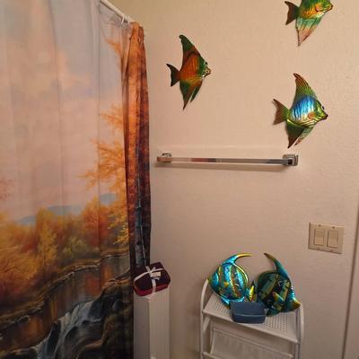 Bathroom Essentials - Cute Blue Fish Decor, Colorful Shower Curtain, Washcloths, Bath Rack, Scale