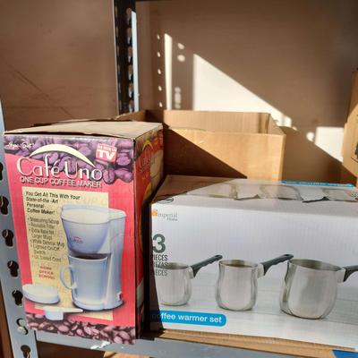 Coffee Station - NEW Cafe Uno One Cup Coffee Maker, NEW 3 Pc SS Coffee Warmer Set, Libbey Mugs