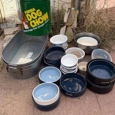 Pet Supplies - Vintage Purina Dog Chow Tin, Pet Dishes + 2 Oval Tubs