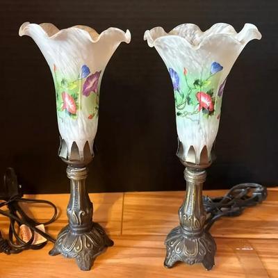2 Hand-Painted Glass Tulip Accent Lamps - They Work!