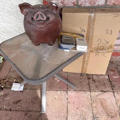 Patio Decor - NEW Thermometer, Pig Bank Statue, Patio Table + 2 Moon Clocks