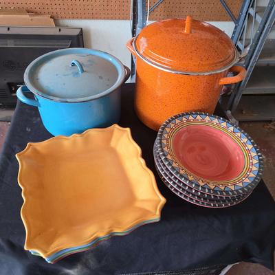 Bright & Vibrant Orange & Blue Metal Stock Pots & Melamine Serving Platters