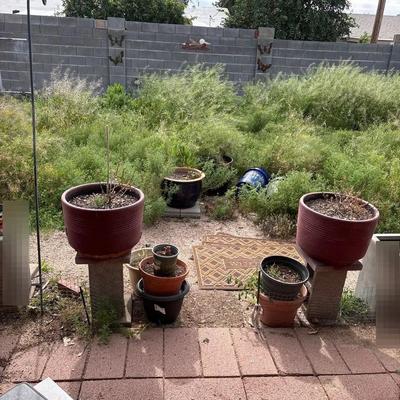 Garden Planters / Pots + 5 Welcome Mats + Plant Hanger Stake - 2 Red Matching, 1 Navy Planter