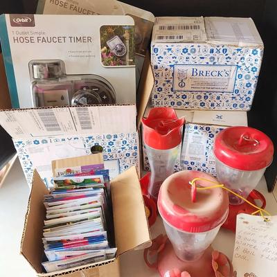 Gardening - 3 Hummingbird Feeders, Seed Packets, Breck's Plant Bulbs, Hose Faucet Timers