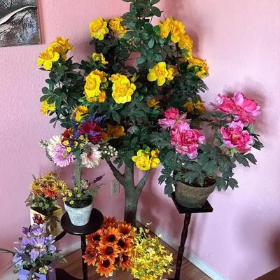 Floral - Artificial Flower Tree, Plants, Floral Vases. Wood Plant Stands, Yellow, Orange