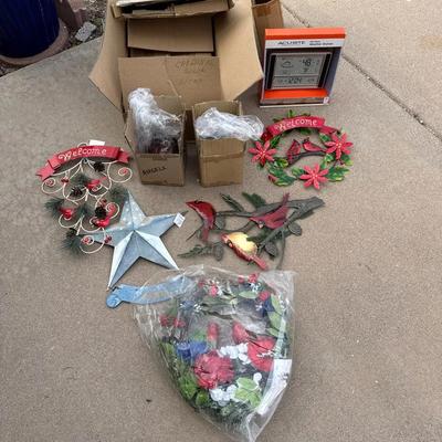 Red Robin Decor - Metal Wall Decor, Floral Red White Blue Wreath, Solar Robins, Weather Station.