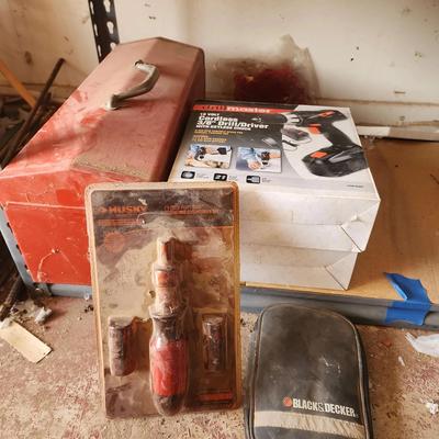 2 NEW Drillmasters 18V Cordless 3/8" Drill Driver, Metal Red Toolbox Full, B&D Bit Set, Husky